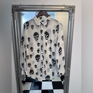BLACK/OFF WHITE SKULL SHEER BLOUSE - SIZE M